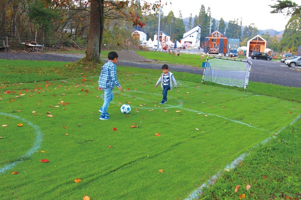 ミニサッカーコート、ボールも無料で利用できる。子供はもちろん、大人のフットサルにも適している