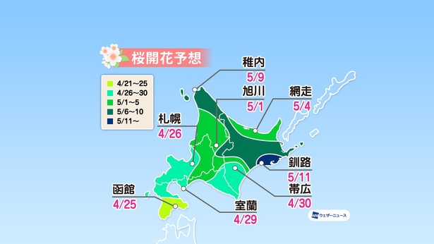 北海道の桜開花予想(情報は2021年3月24日発表  ウェザーニューズ)