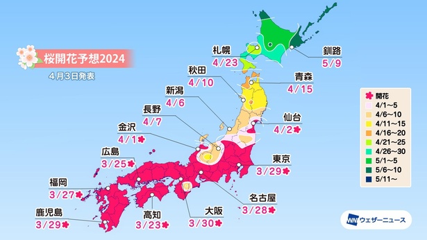 全国主要都市の桜開花予想(情報は2024年4月3日発表 ウェザーニューズ)