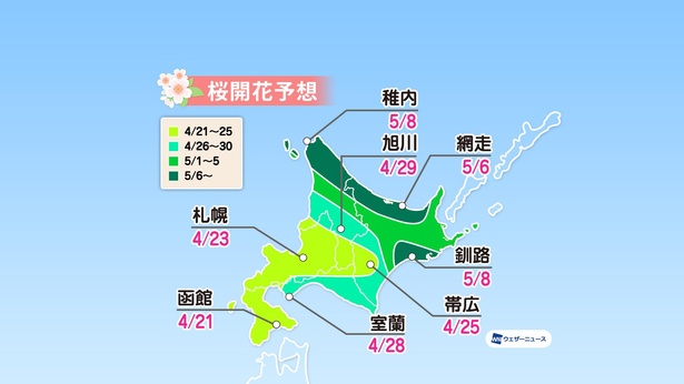 北海道の桜開花予想(情報は2022年1月13日発表  ウェザーニューズ)