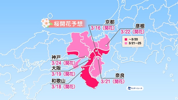 近畿地方の桜開花予想(情報は2021年3月24日発表 ウェザーニューズ)