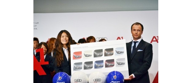 メンバーを代表して車両を受領する澤穂希選手(左)