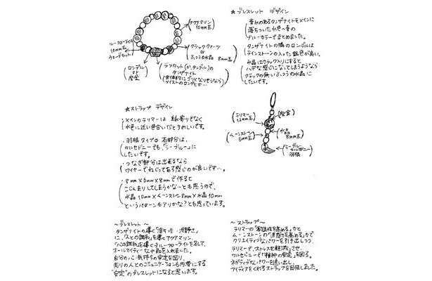 こちらは天然石ブレスと天然石ストラップチャームのデザインラフ。もちろんこれも野水の手によるもの