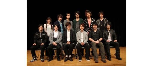 「しろくまカフェ」の制作発表会に登場した増原光幸監督、声優の櫻井孝宏、福山潤、神谷浩史、中村悠一、森川智之、遠藤綾、羽多野渉、川島得愛、小西克幸、谷山紀章、小野大輔