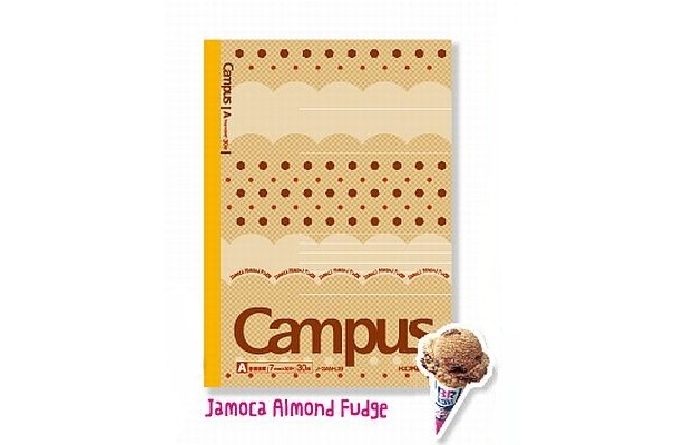 連なる「jamoca almond fudge」の文字でチョコレートリボンを、並んだ茶色の粒々は大粒アーモンドを表現した「ジャモカアーモンドファッジ」