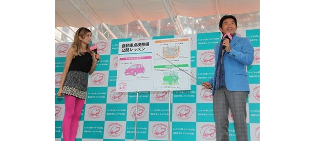 【写真を見る】イベントで石田純一さん(右)がローラさん(左)に日常点検の知識をレクチャー。その結果、ローラさんは無事及第点を獲得！