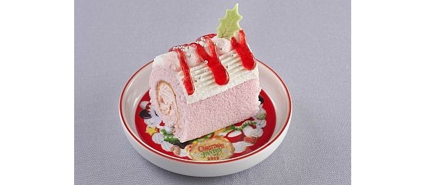 ブッシュ・ド・ノエル形のケーキ！「ストロベリーロールケーキ、スーベニアプレート付き」(700円)