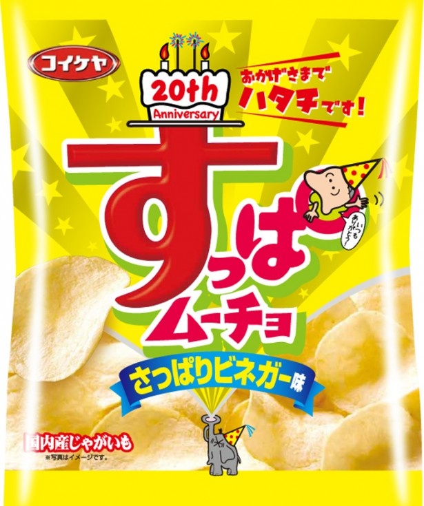「すっぱムーチョチップス さっぱりビネガー味」も20周年記念パッケージで登場
