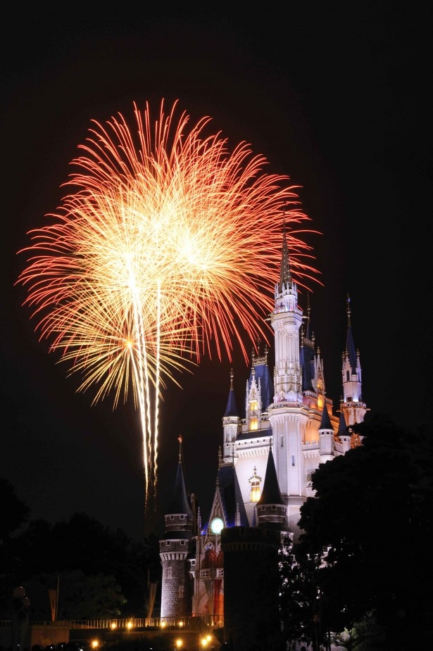 【写真を見る】花火もスペシャルバージョンにパワーアップ！30周年のテーマソングに合わせて夜空を彩る花火はシンデレラ城越しに眺めよう！