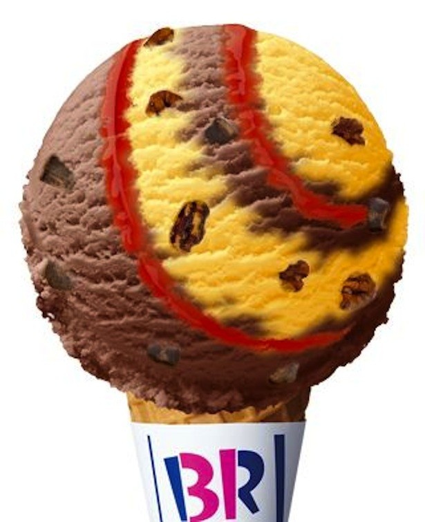 チョコとオレンジのアイスクリームにリボンで赤い糸を表現した「ROCK on YOU」