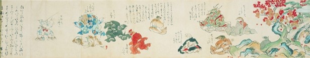 「十二類合戦絵巻」。十二支の動物の歌合会に、判者となるが叩き出された狸が、恨みをもって合戦におよび、負けて改心し出家したという話を描いている