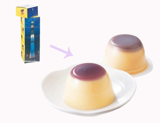 6個を縦に重ねると東京スカイツリー全体像に変身！タワーの中はこしあんonカスタードプリン