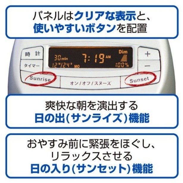 目覚めのセット時間には最大照明とアラーム音で起こしてくれる