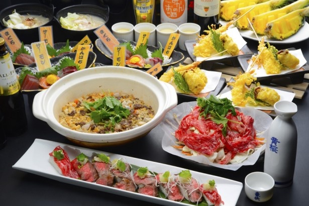 飲放付6000円コミコミコースのメインは、飛騨牛の山椒土鍋御飯。飛騨牛尽くしで豪華！