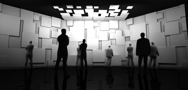 壁3面に様々な形の白いキューブが配された「はじまりの部屋」。白いキューブには、宇宙への憧れや挑戦といった、人間の宇宙への思いが記憶されているという