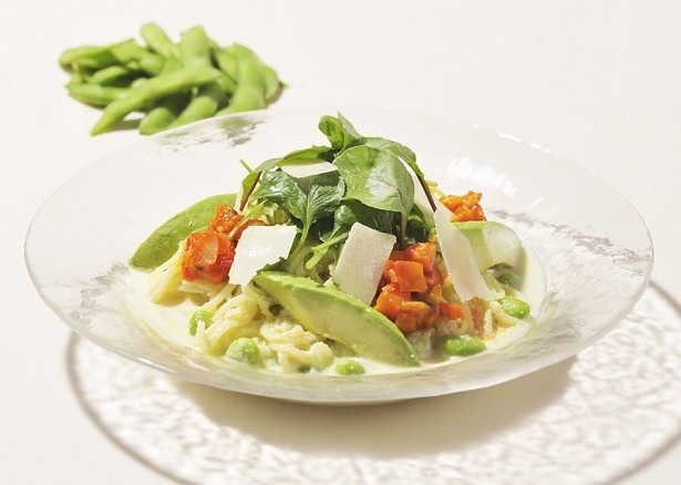 菌活パスタ! すっきり枝豆クリーム￥1080は「植物性乳酸菌ラブレ」のすっきりとした甘みに柚子の酸味とチーズの塩味をプラス