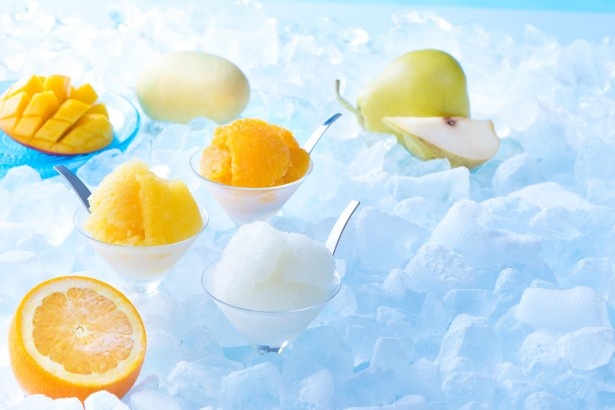 夏商品の「ソルベマイスター」。洋梨、マンゴー、オレンジの3種類