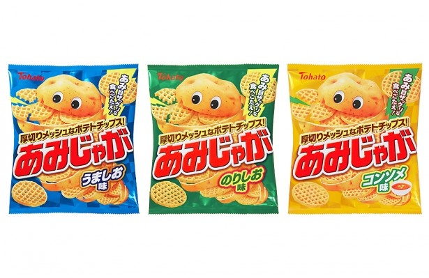 左から、コクのある｢あみじゃが・うましお味｣、ごま油、青のり風味の｢あみじゃが・のりしお味｣、コンソメ風味の｢あみじゃが・コンソメ味｣(すべてオープン価格 130円前後)