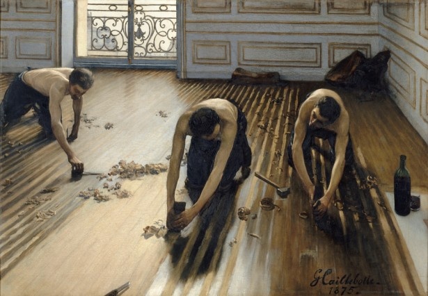 ギュスターヴ・カイユボット  「床に鉋（かんな）をかける人々」　1875年 油彩/カンヴァス　102×147cm