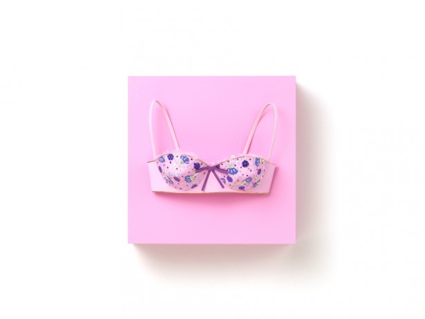 【写真を見る】ピンクと紫の可憐なブラジャー。女性らしさが溢れる色使い。「BRA#15」(作品サイズ128×128×70mm)