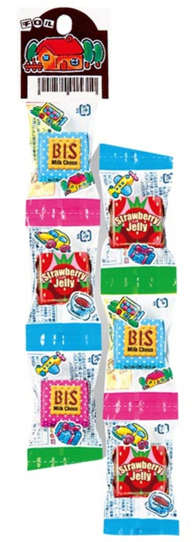 「チロルチョコ＜ビス＞」と「チロルチョコ＜いちごゼリー＞」をアソートした「チロルチョコ＜吊り下げ＞」