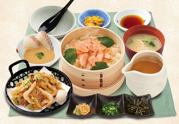 サケ茶、天茶、タイ茶など好きな食べ方が選べる「海鮮だし茶漬け三昧膳」(税別1099円)