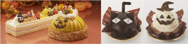 【写真を見る】｢ハロウィンフルーツトレインデコレーション｣と｢ハロウィンのデコレーション｣(写真左)・｢ハロウィン黒猫｣と｢ハロウィンおばケーキ｣(同右)