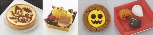 写真左から｢ハロウィン濃厚ベイクドチーズケーキデコレーション｣｢ハロウィンプリンアラモード｣｢ハロウィンロール｣｢創作和菓子｣
