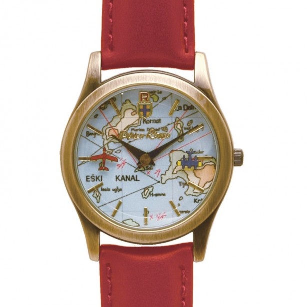 ポルコの乗る戦闘機“サボイア”とカーチスの戦闘機の空中戦が描かれた「紅の豚 回転腕時計 サボイア」。サイズ：約35×H235m