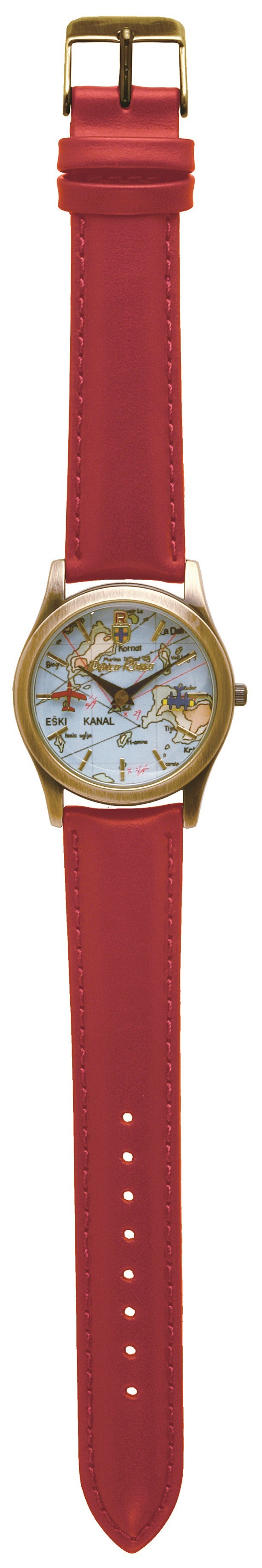 真っ赤なベルトにゴールドの時計ケースが映えるデザイン