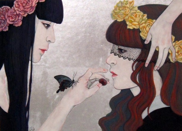 イヂチアキコ「夜のはじまり」　2013年　岩絵具、箔　242×333mm