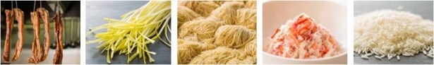 バーミヤンのこだわり食材。写真左から香港叉焼・黄ニラ・香港麺・ズワイガニ・香り米