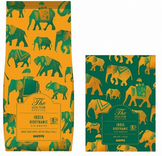 【写真を見る】インドゾウが描かれたエスニックなパッケージのコーヒー「インド ビオディナミ」（コーヒー豆200・1100円、ドリップカフェ5袋入り・400円）