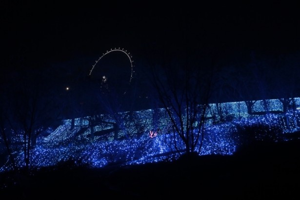 山の斜面を青色のLED電球で埋め尽くす「光の海」。山頂にある観覧車もライトアップされている