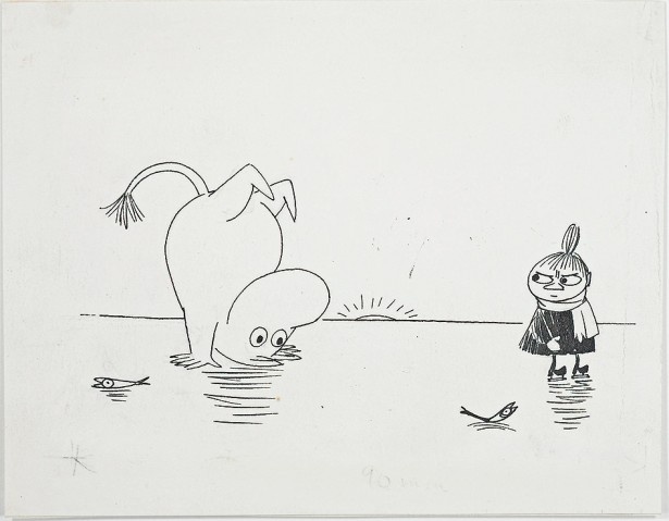 繊細なタッチで描かれている「ムーミン谷の冬」挿絵、インク、1957年