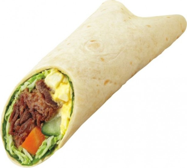 牛カルビ肉や野菜をトルティーヤ生地で巻いた「牛カルビ焼肉トルティーヤ」(380円)は、ボリューム満点の一品