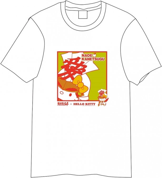 ハローキティ×直江兼続の「戦国無双4×HELLO KITTY Tシャツ ドット」(税抜2407円)。“愛”の前立ての兜を被ったハローキティがとってもキュート
