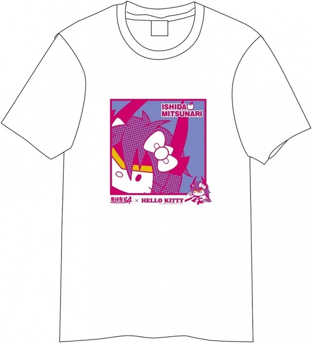 ハローキティ×石田三成の「戦国無双4×HELLO KITTY Tシャツ ドット」(税抜2407円)。ホワイトTシャツに石田三成姿のハローキティをデザイン