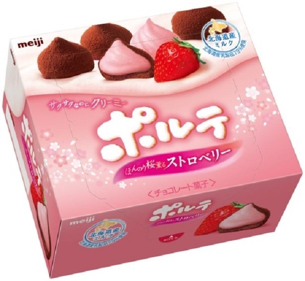 さくさくビスケットの上にストロベリーホイップクリームをのせ、チョコで包んだ｢ポルテ 桜薫るストロベリー｣(参考小売価格・税抜189円)