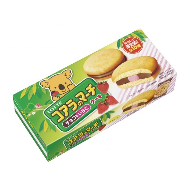 個包装にコアラの仲間たち(デザインは全10種類)がプリントされ、目でも楽しめる「コアラのマーチケーキ(チョコ＆いちご)」(想定小売価格・税抜300円前後)
