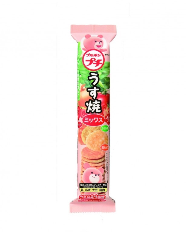 トマトパウダー、タマネギパウダー、ホウレンソウパウダーを練り込んで赤・黄・緑に色付けしたサラダ味のせんべい「プチうす焼ミックス」(希望小売価格・税抜80円)