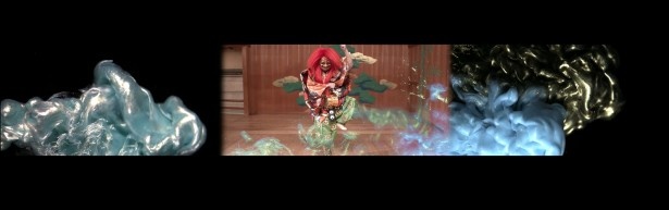 狂言の「神鳴」の一部を上演。京都に災いをもたらそうとした雷神が地上に落ちてくる様を演じる