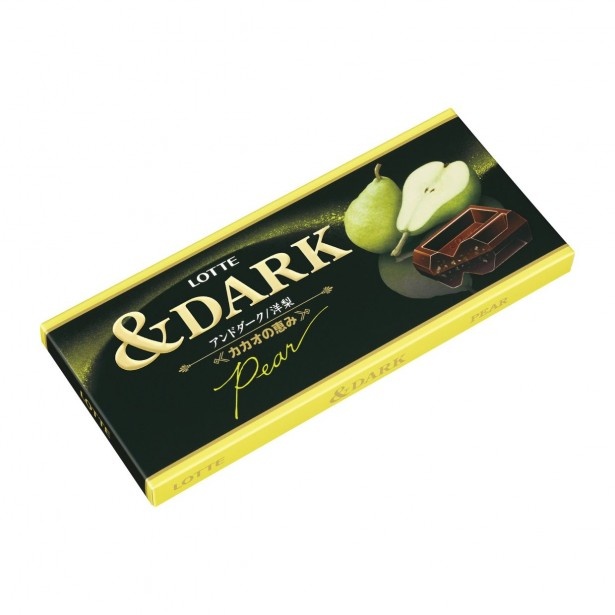  【写真を見る】芳醇カカオとフルーツの華やかな組み合わせ「＆DARK(洋梨)」(想定小売価格・税抜190円前後)。板チョコタイプ