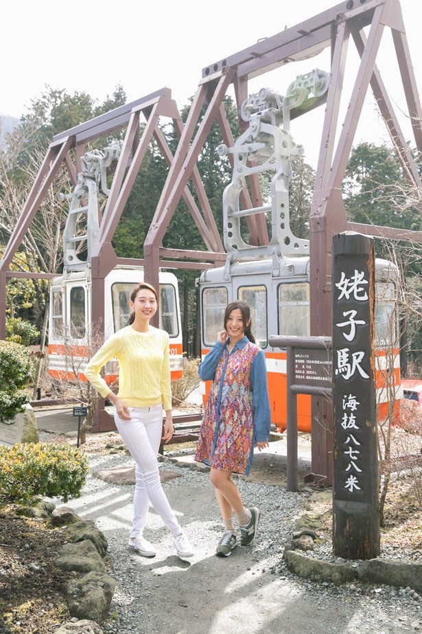 姥子駅から桃源台駅に向かう途中では、きらきらと輝く芦ノ湖を臨める。また、姥子駅にはかつて活躍していたゴンドラも展示されている