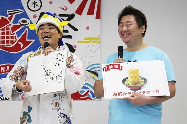 「海鮮かき揚げタワー丼」には駿河湾のサクラエビを使用。アジ漁でのアクシデントから始まったというサクラエビ漁は、日本で漁場として成り立つのは駿河湾だけ