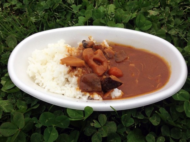 【写真を見る】福岡のご当地グルメ・がめ煮が入ったがめ煮カレー。NPO法人スローフード協会筑後平野が出展する