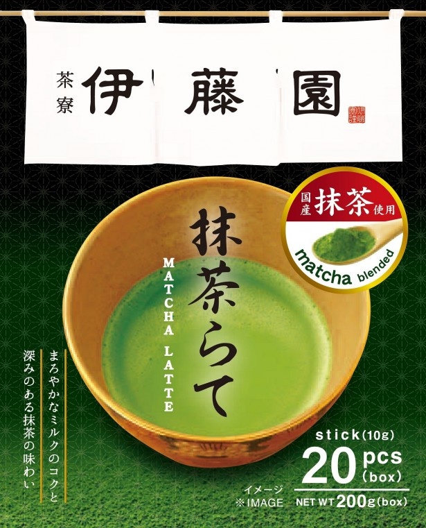 4月下旬発売、スティックタイプの｢茶寮 伊藤園 抹茶らて｣(20本入・希望小売価格・税抜1000円)。空港内や百貨店店舗、免税店で販売