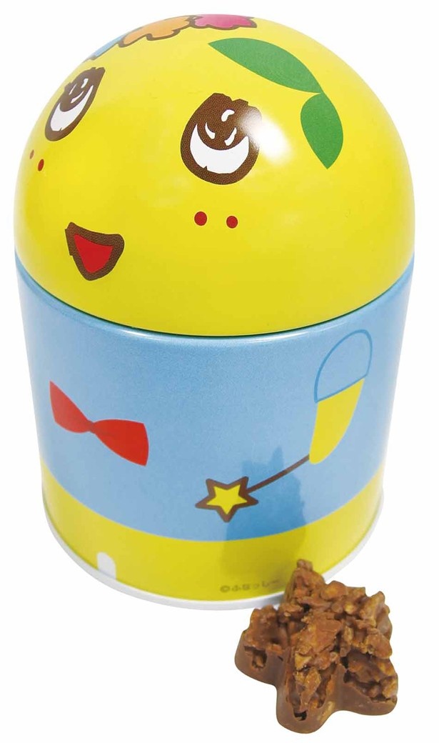 ふなっしーの形をしたブリキの缶がかわいい「ふなっしーランド 妖精缶チョコクランチ」(6個入り864円)