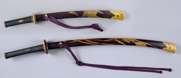 「拵(こしらえ)」とは日本刀の外装のこと。根津美術館に所蔵されている「稲穂雁蒔絵大小拵」は、末広がりの鞘の形と、大胆に施された蒔絵が奇抜な印象を与える大小の拵