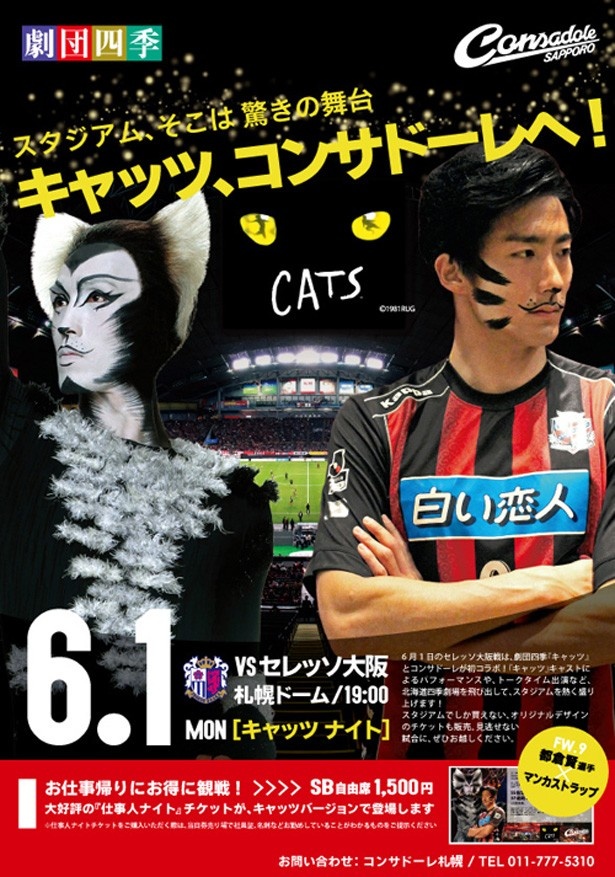 【写真を見る】コンサドーレ札幌と劇団四季「キャッツ」の初コラボ「キャッツナイト」のフライヤー。当日は楽しいイベントがいっぱいだ